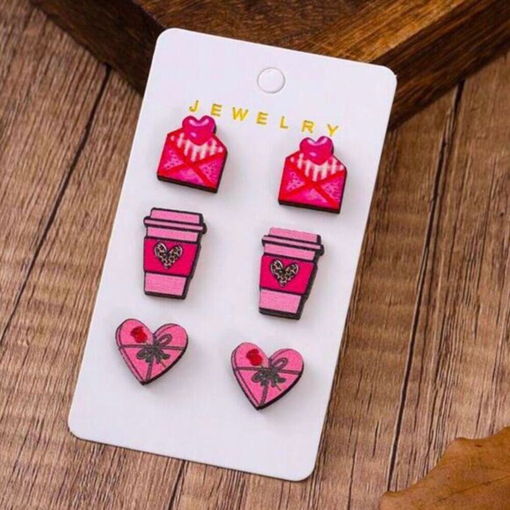 Valentine’s Romantic Wood Handmade 3 Piece Set Love Coffee Cup Stud Earrings